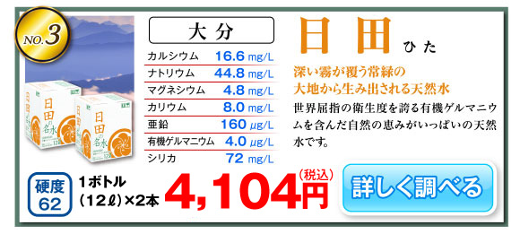 大分　日田 深い霧が覆う常緑の大地から生み出される天然水 「日田の名水」は世界屈指の衛生度を誇る有機ゲルマニウムを含んだ自然の恵みがいっぱいの天然水です。12リットルボトル単価1,900円（税抜）